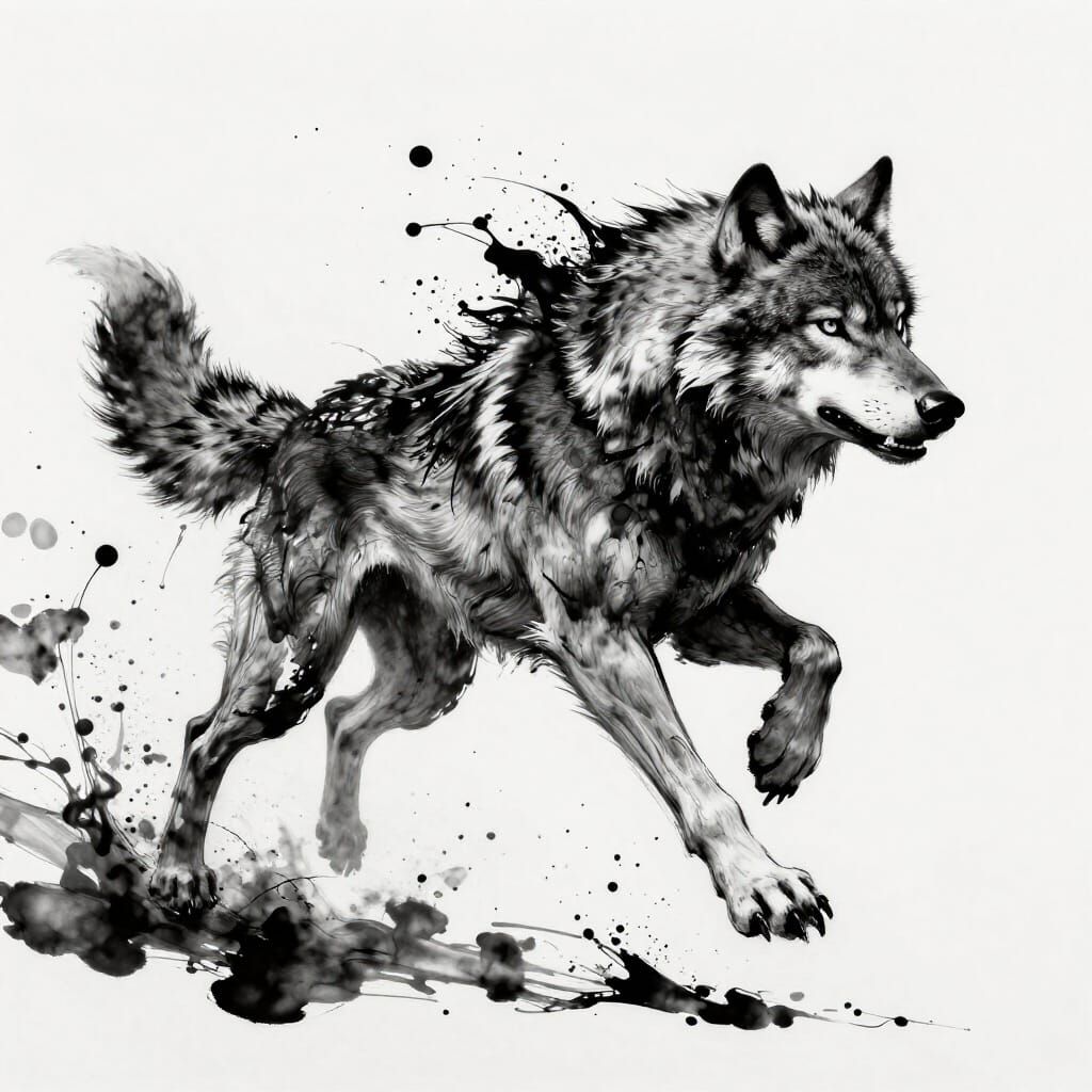 Dynamic Wolf Formed From Explosive Ink Splatters
