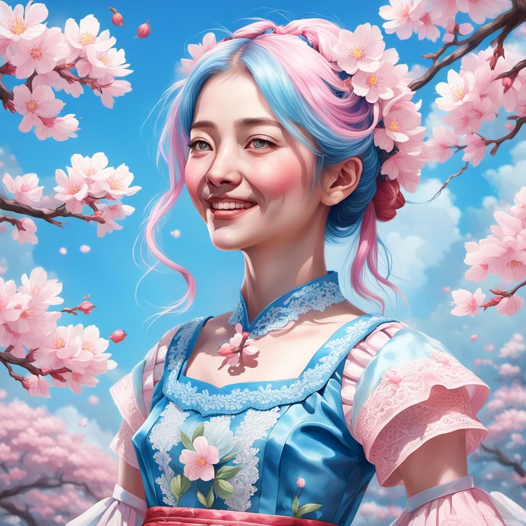 Woman in Folk Dress with Blue Hair, Digital Art