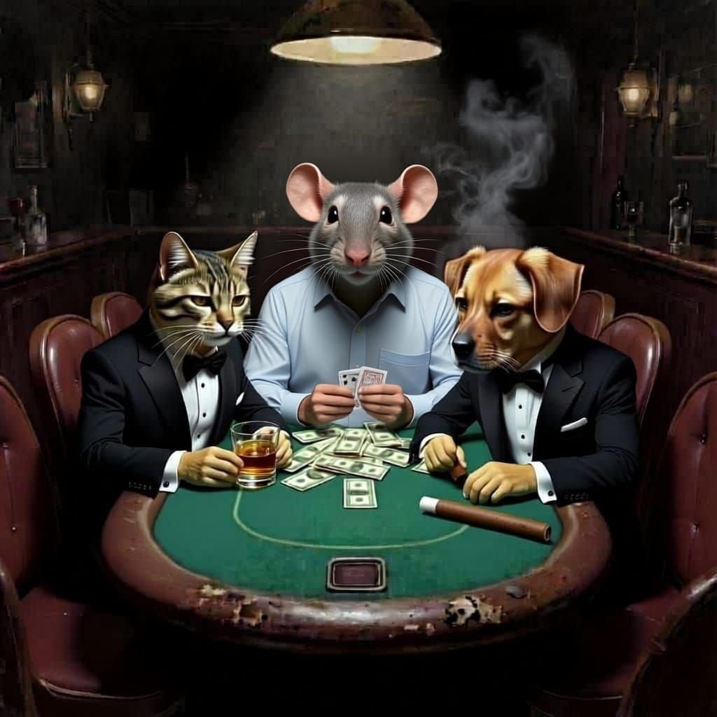 Cats Play Poker on Dog Furniture in a Bar