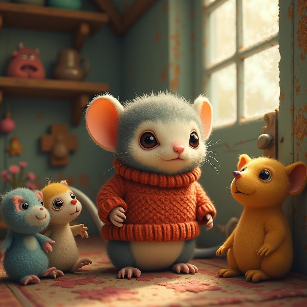 Pygmy Marmoset in Cozy House in Storybook Illustration Style