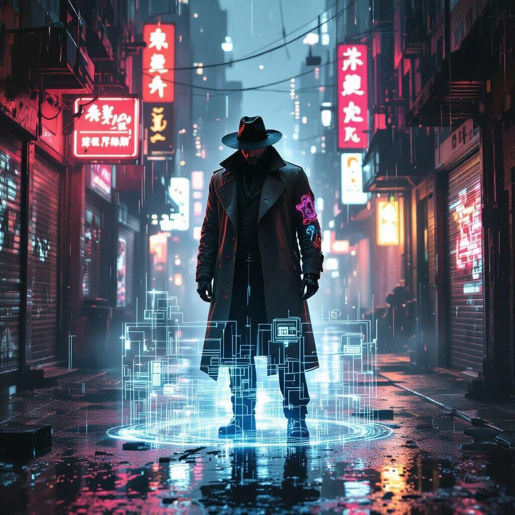 Cyberpunk Detective Investigates Holographic Crime Scene