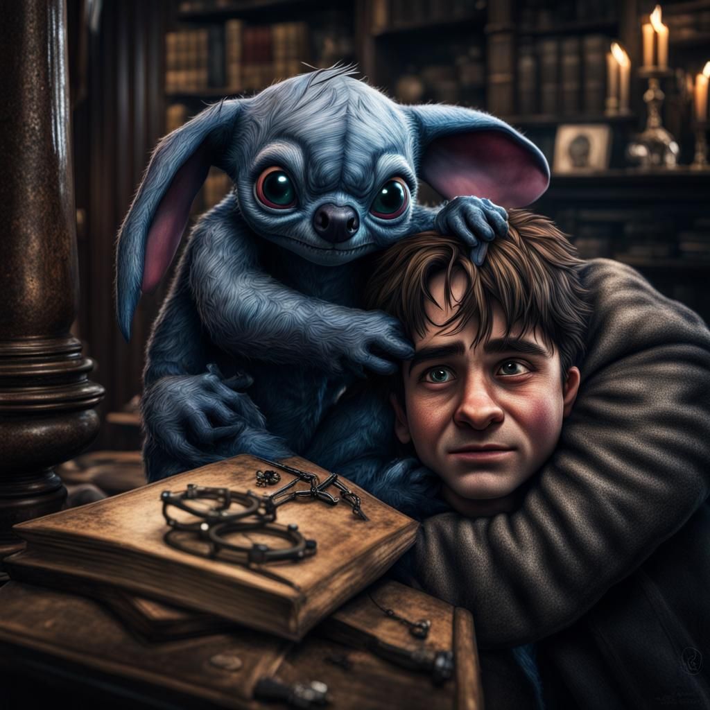 Stitch Hugs Harry Potter: Hyperrealistic Image