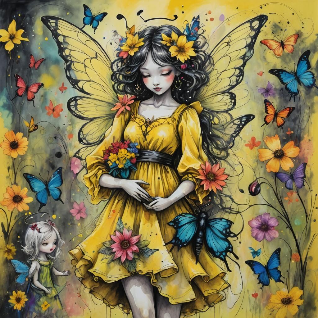 Kawaii Angel, Demon, and Fairy in Crayon Drawing