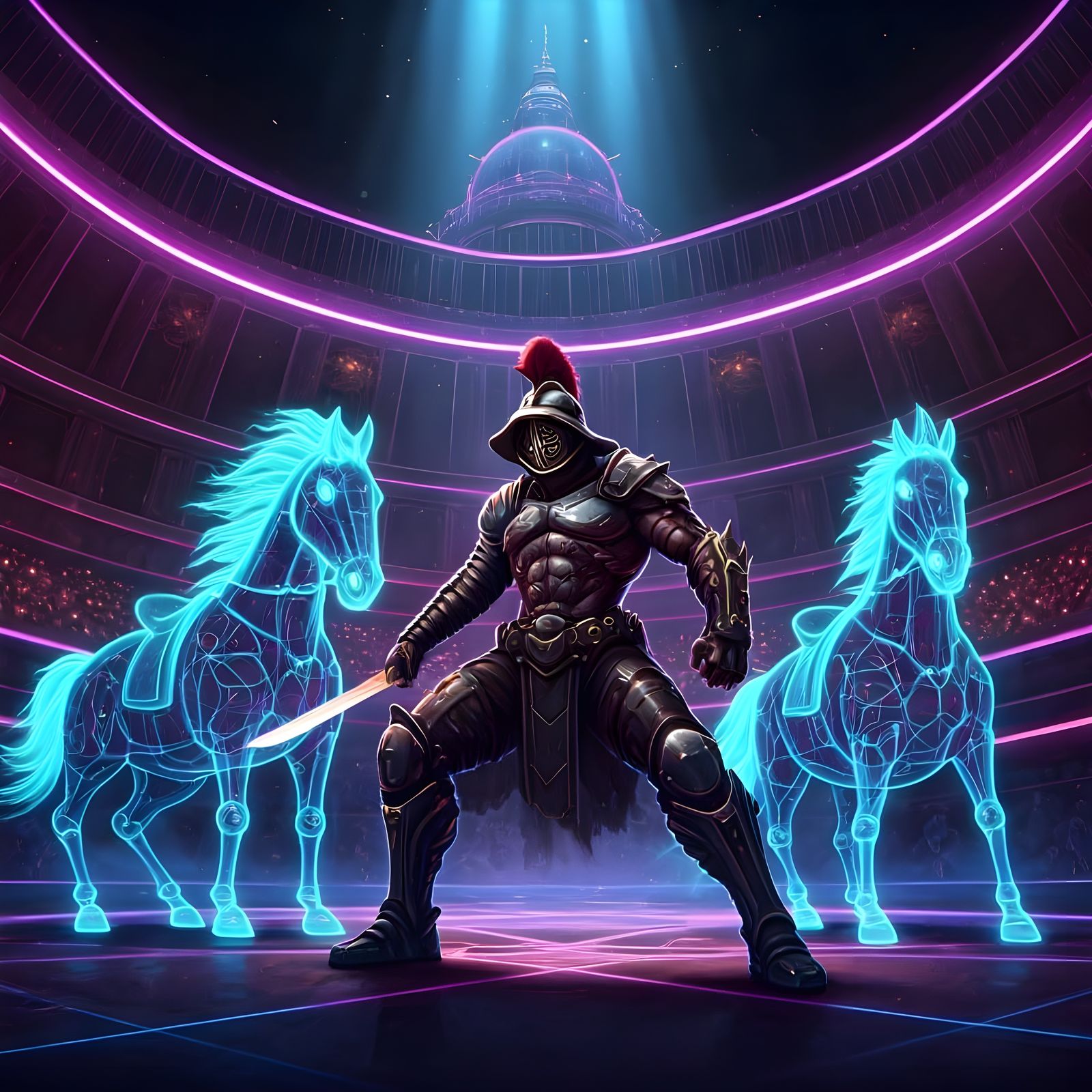 Futuristic Gladiators Engaged in High-Tech Arena Combat