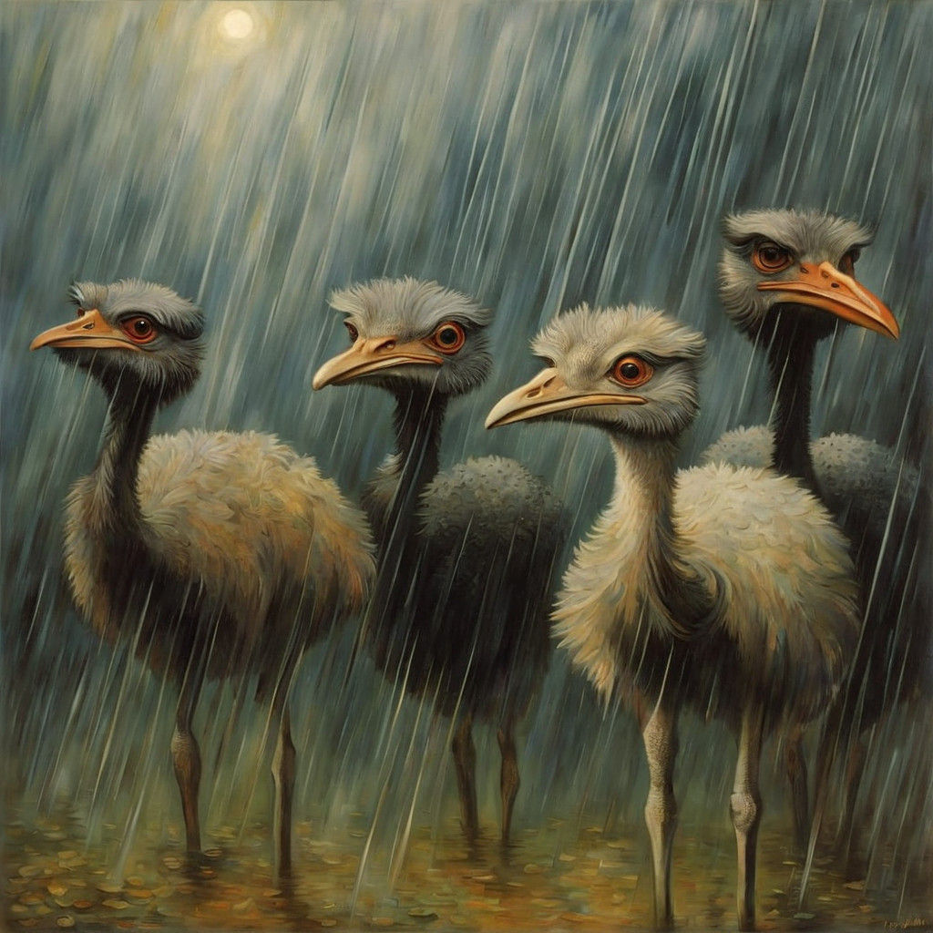 Surreal Ostrich Dancing in Heavy Rain