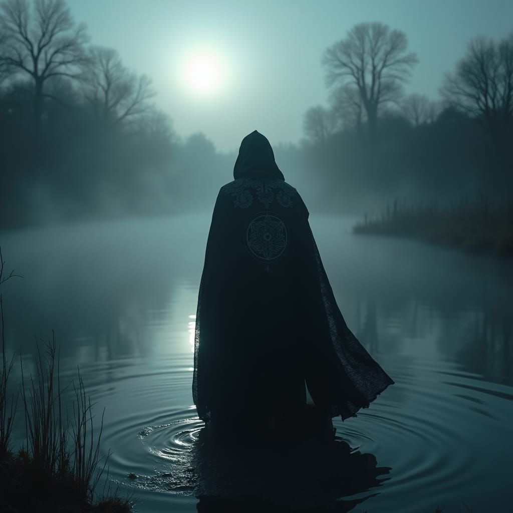 Ominous Hooded Figure Enters Misty Pond