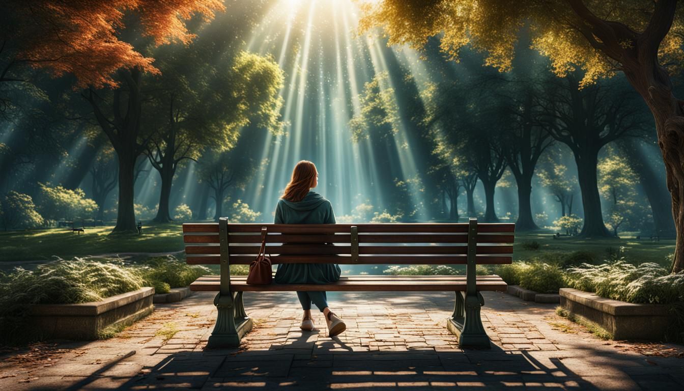 Woman on Park Bench in Detailed Matte Painting Style