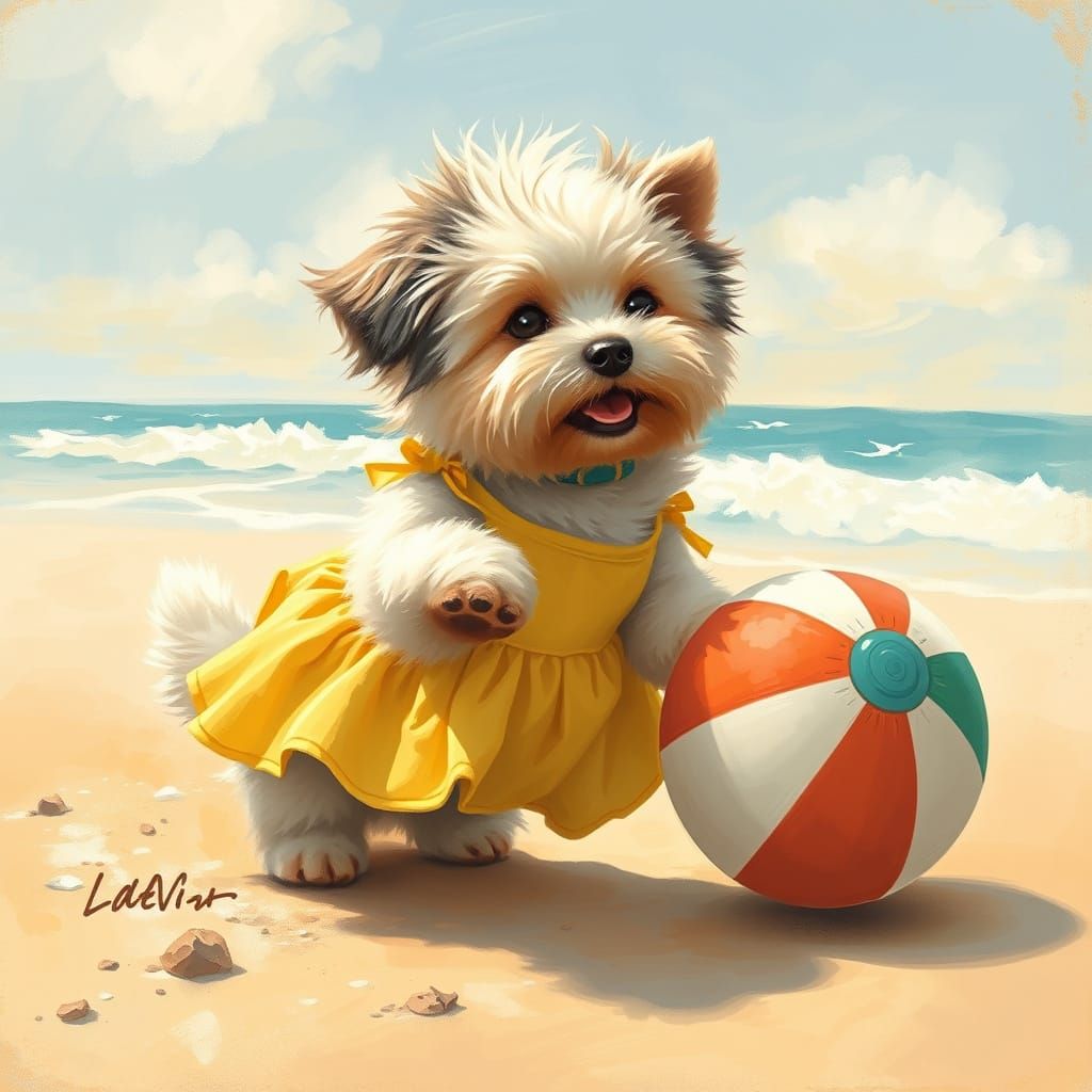 Whimsical Beachside Dog in a Yellow Sundress