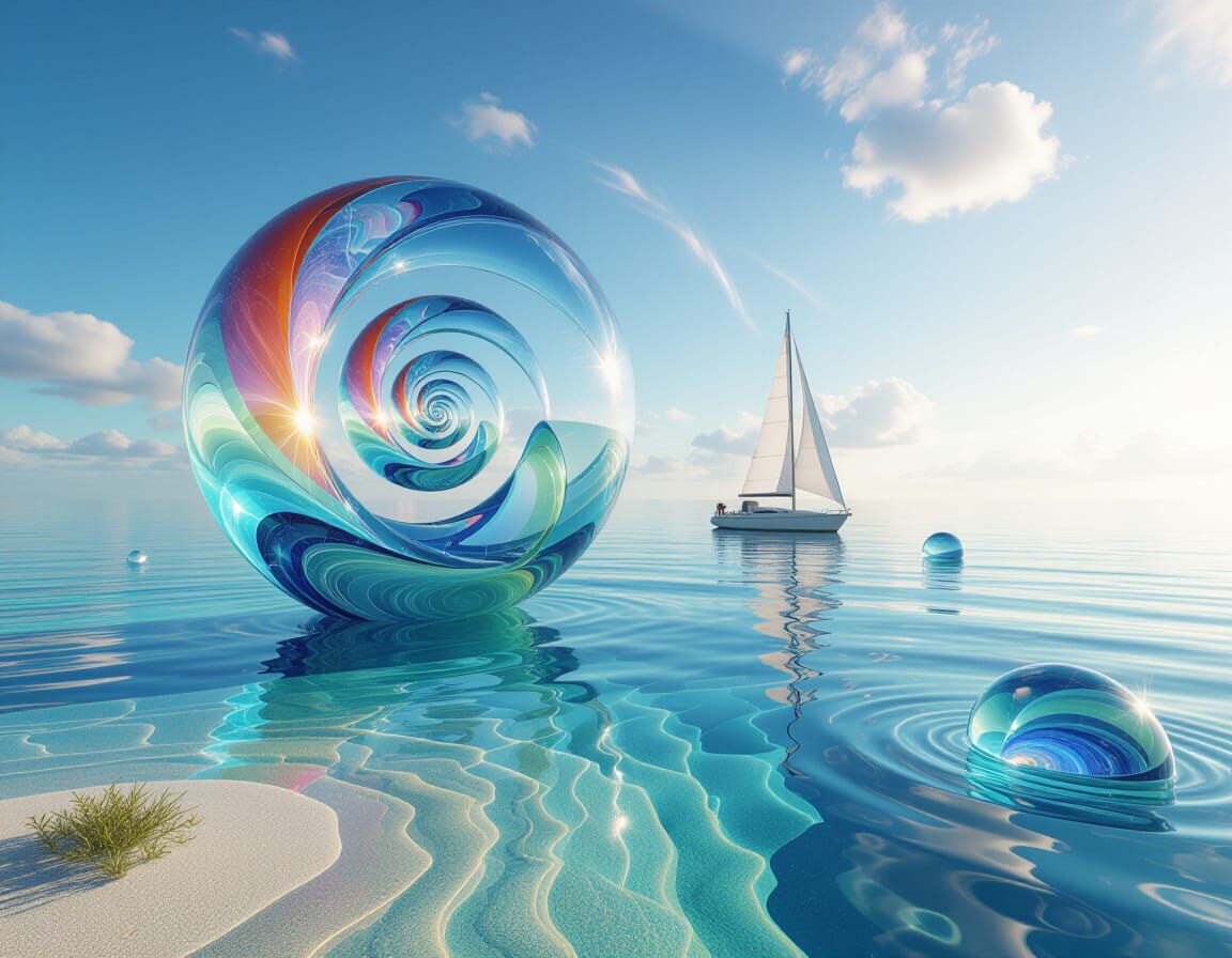 Crystal Glass Sailboat Drifting Through Cosmic Seas