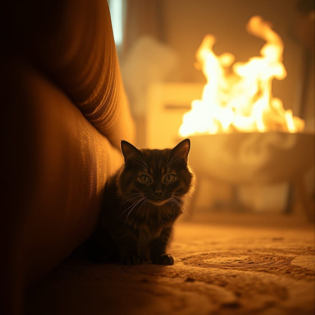 Flickering Light on Tortoiseshell Cat in Ruin