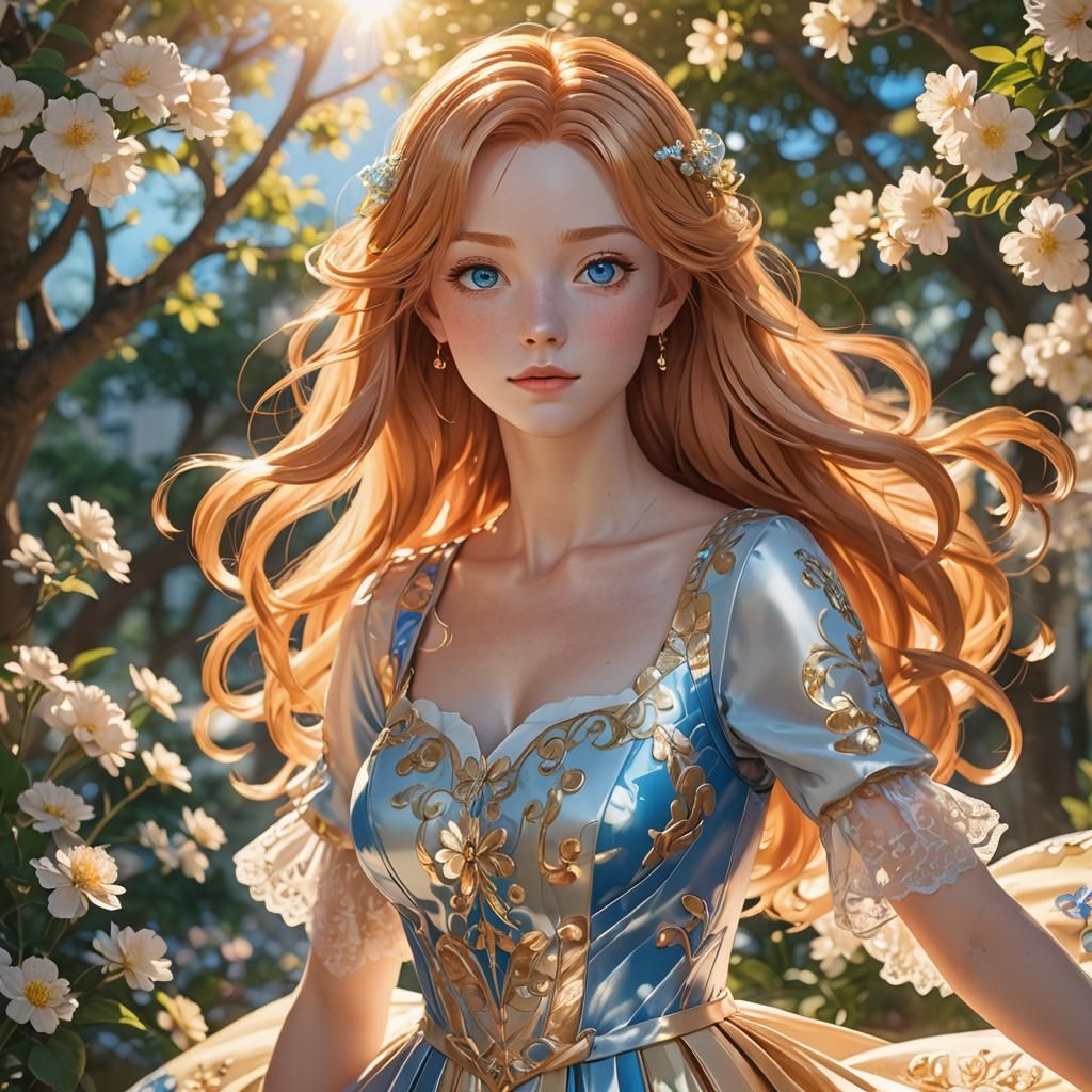 Anime Girl with Ginger Hair in Sunlit Setting