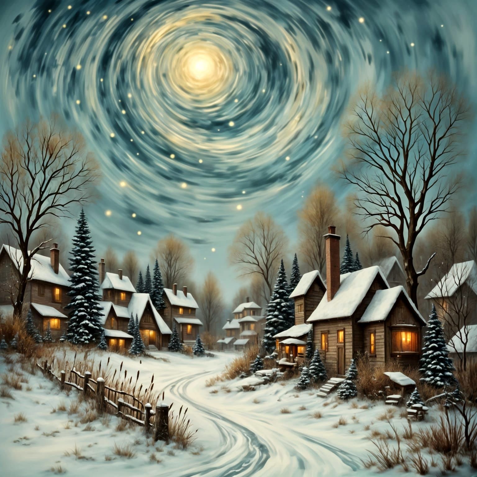Winter Village Under Starry Skies in Antique Watercolor Styl...