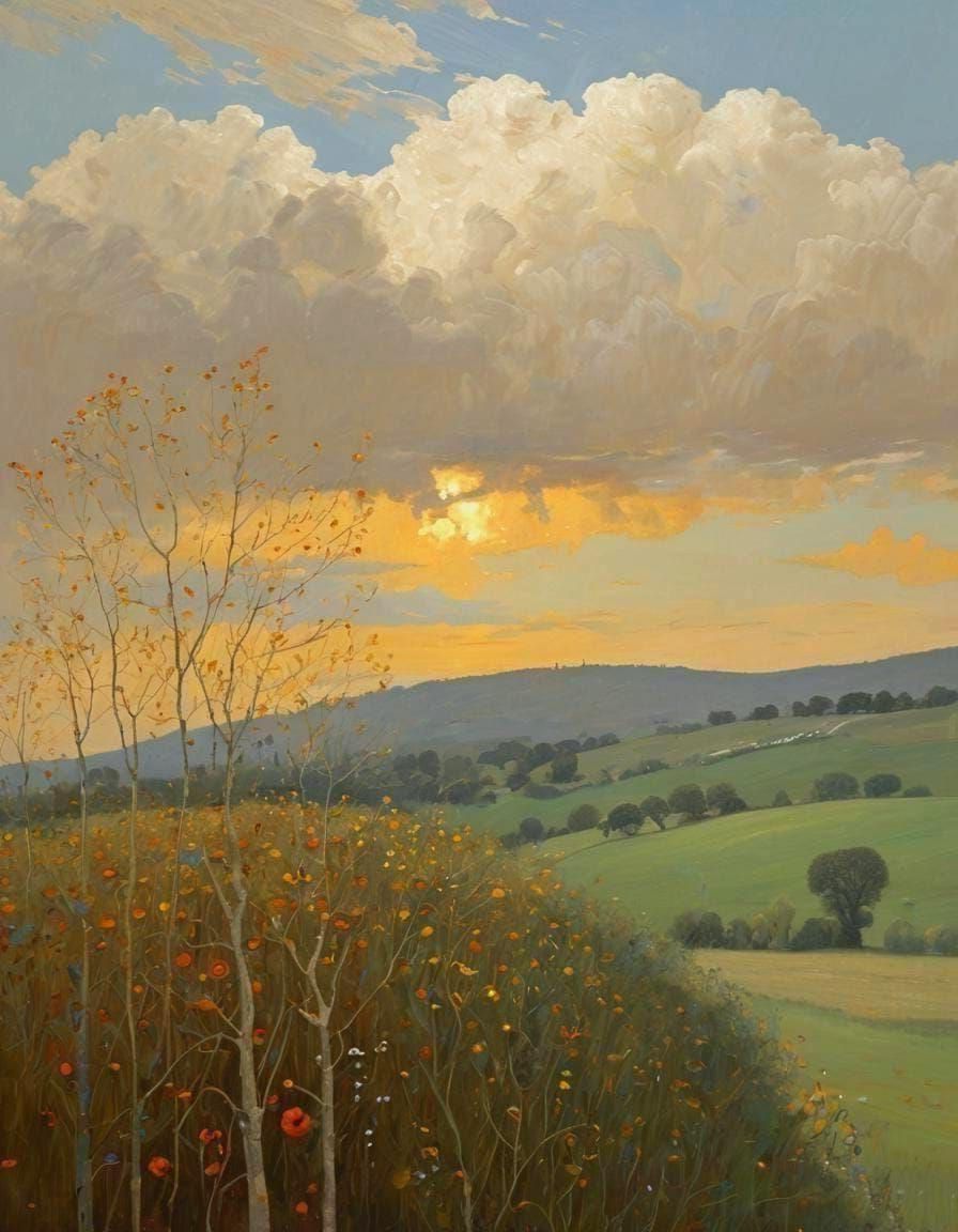 Golden Hour Landscape: Moody Skies and Vibrant Brushstrokes