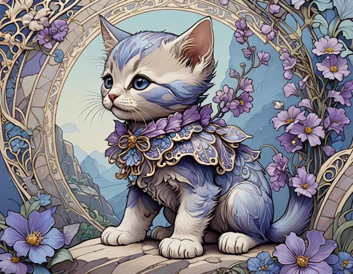 Art Nouveau Kitten with Flower on Cliff