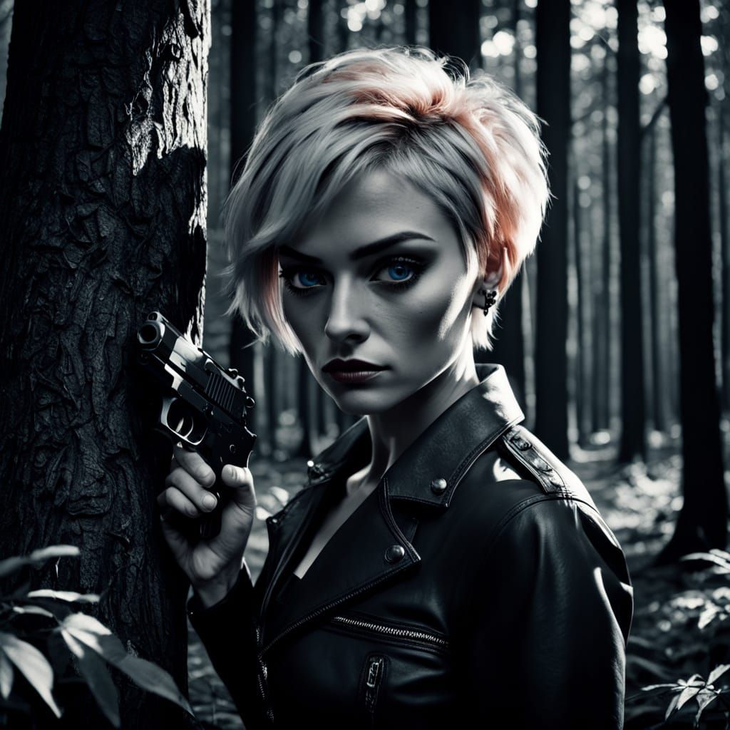 Sultry Noir Siren Hides Behind a Tree, Handgun at the Ready