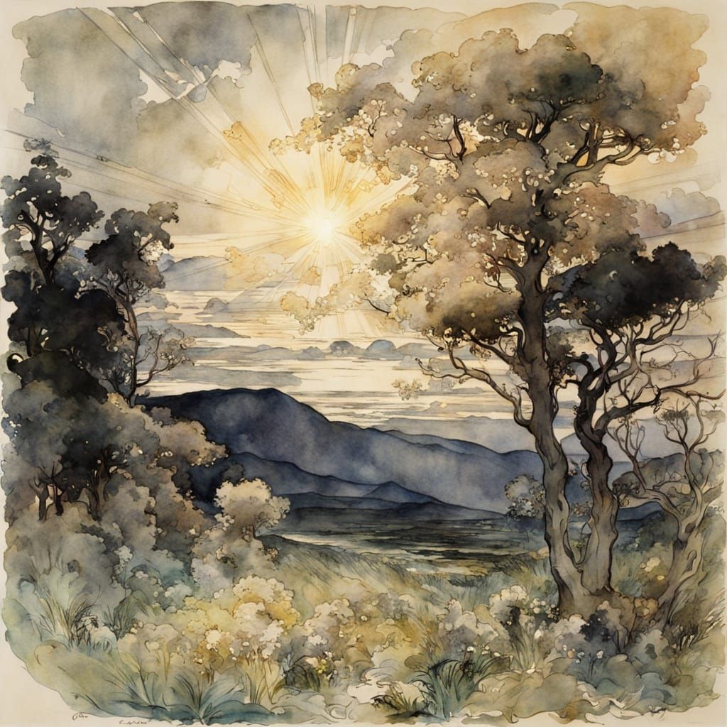 Ethereal Dawn Blooms Amidst Ancient Hills