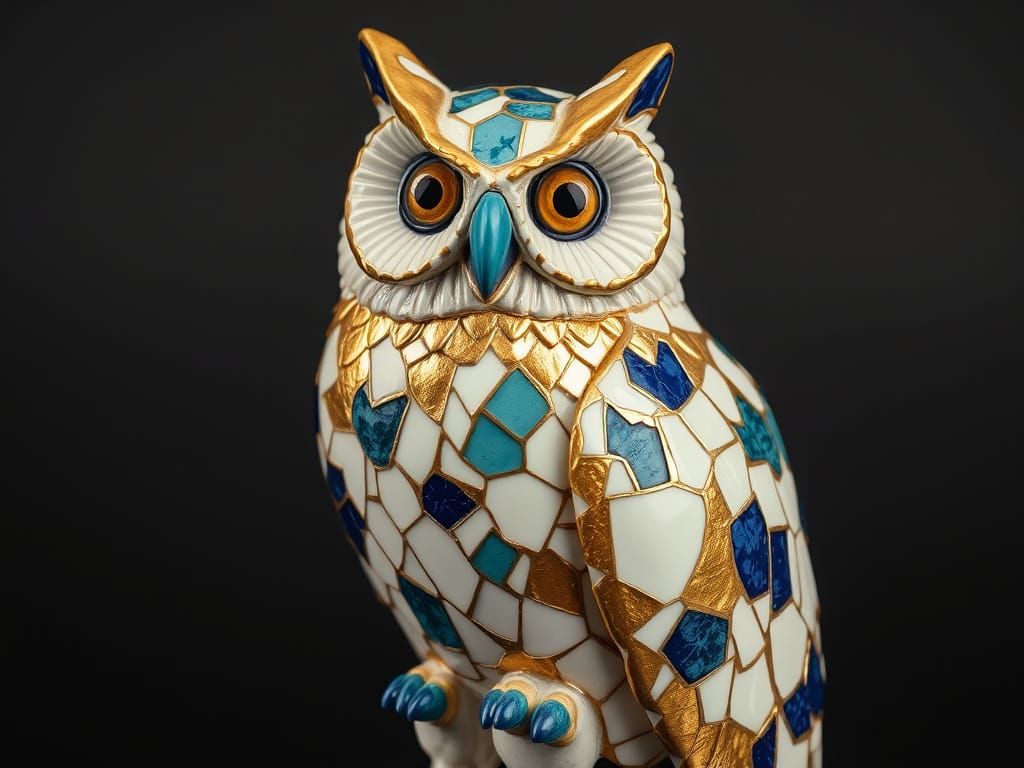 Kintsugi Owl Statue with Gold Leaf Repair