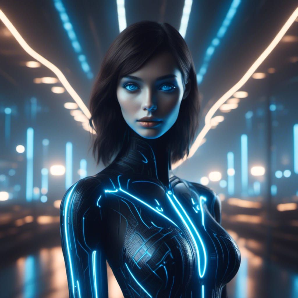 Brunette Female TRON style citizen in digital city. Black with glowing blue <lora:Gridrunners v1:1.0>