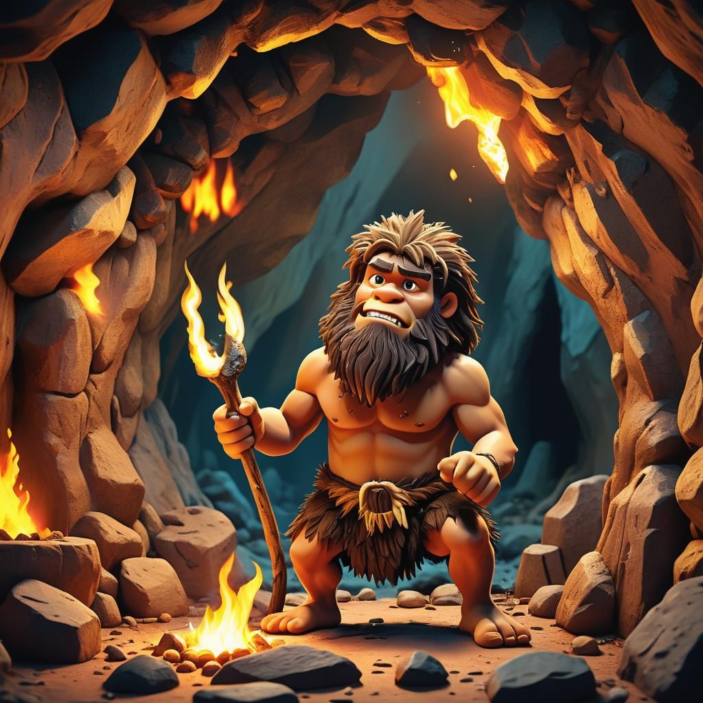 Cartoon Caveman Attempts Fire: 3D Digital Art