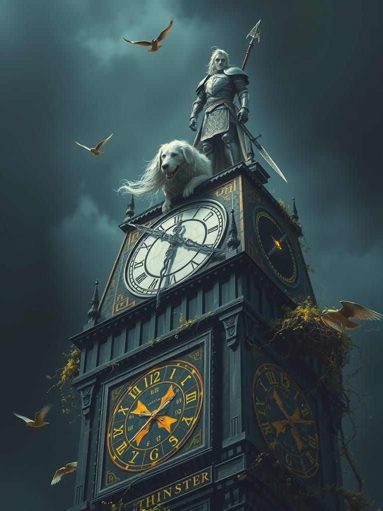 Albino Warrior on Clock Tower in Dark Fantasy Style