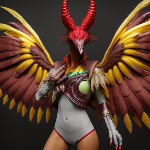 Ethereal Alien Chicken Woman in Metallic Armor