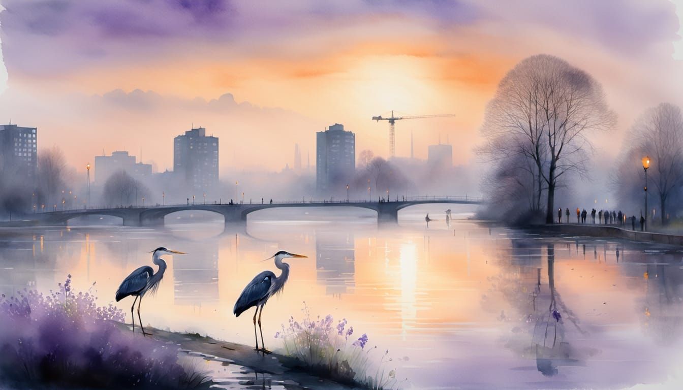 Grey Heron in Foggy City: Watercolour Painting