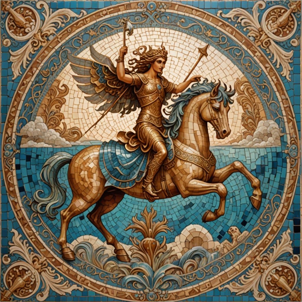 A classic Grecian Mosaic, made up of ceramic glazed tiles, depicting the triumph of Perseus riding Pegasus, The Kraken l...