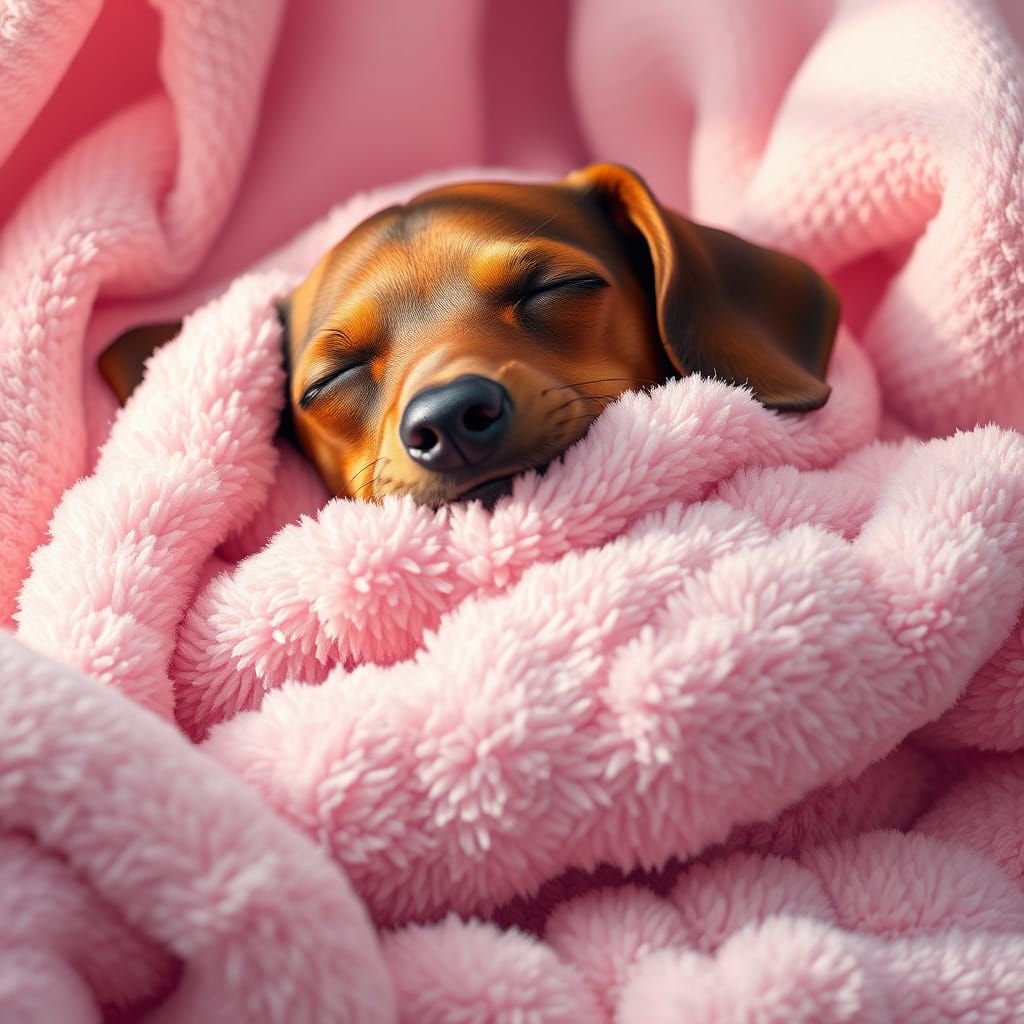 Surreal Dachshund Slumbers on a Fuzzy Pink Blanket in Hyperr...