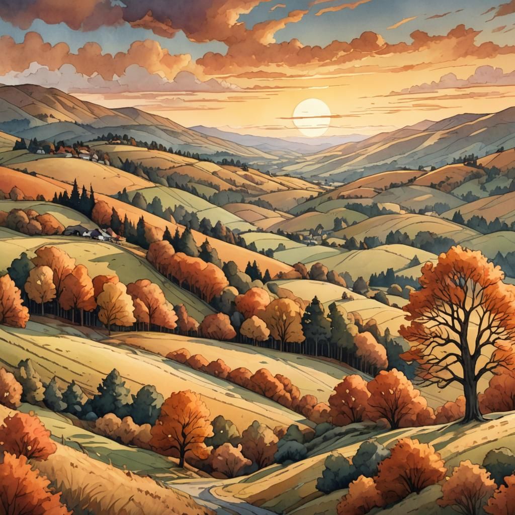 Autumn Sunset Landscape in Digital Watercolor Style