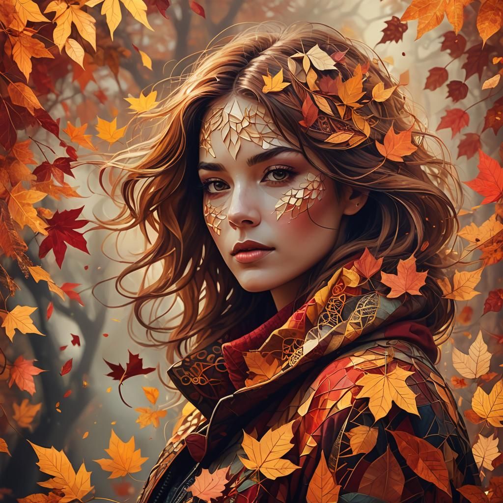 Abstract Expressionist Woman in Autumn Leaves