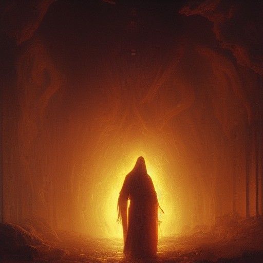 Infernal Torment: Cloaked Figure Amidst Skeletons