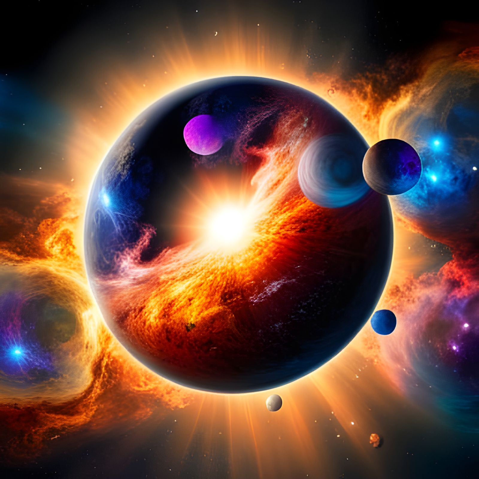 Photorealistic Planets and Fiery Sun in Deep Space