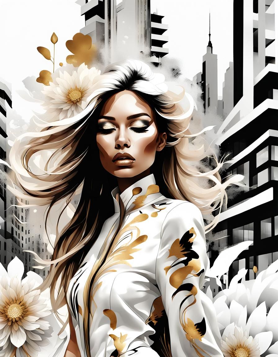 Abstract artwork of a beauty model with long flowing long ha...