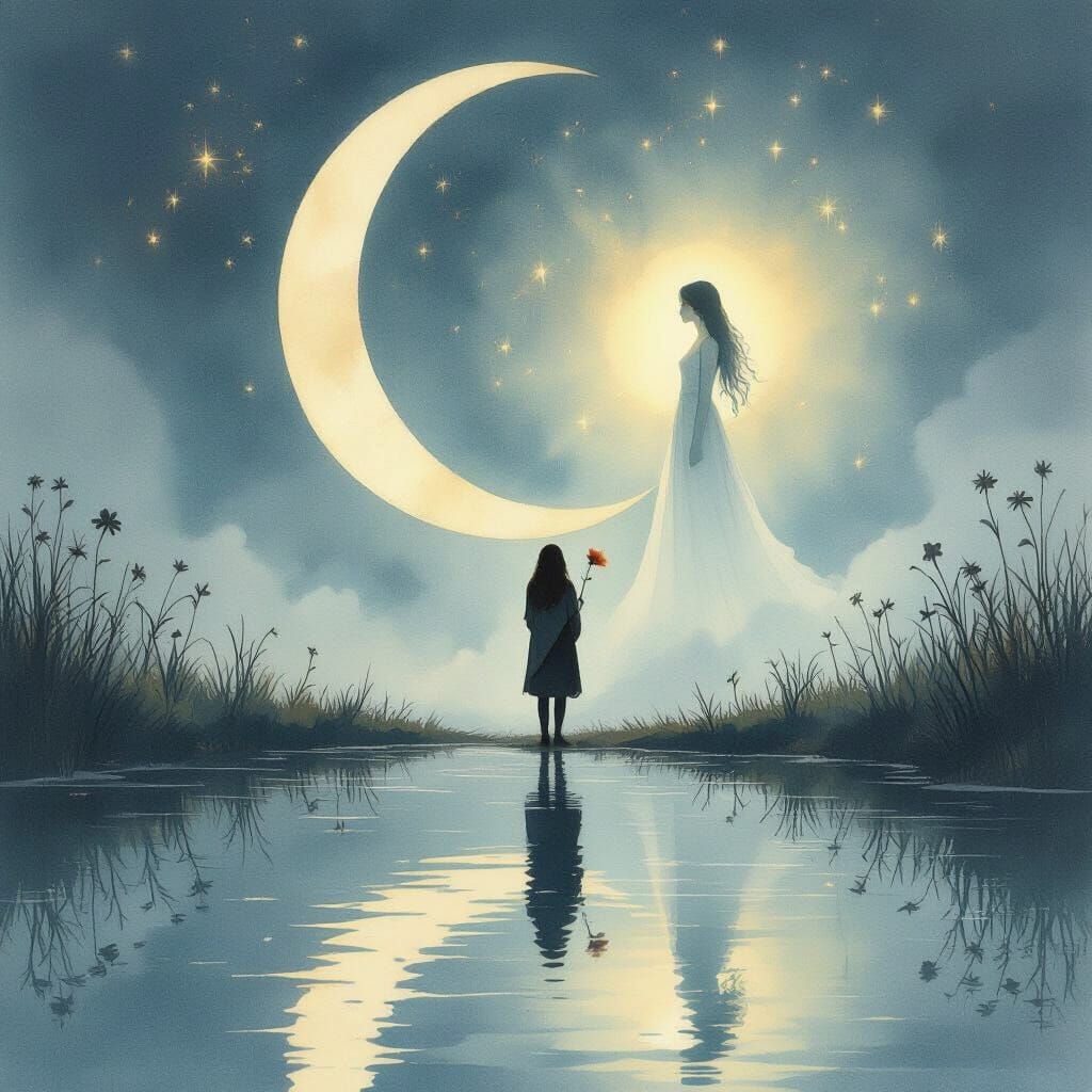 Melancholic Moon Reflection with Lone Figure and Radiant Gir...