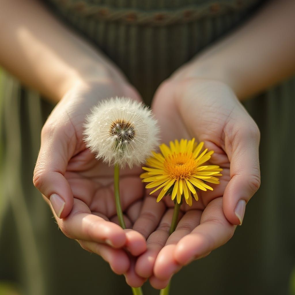 Dandelions Held by Teenager in Whimsical Style