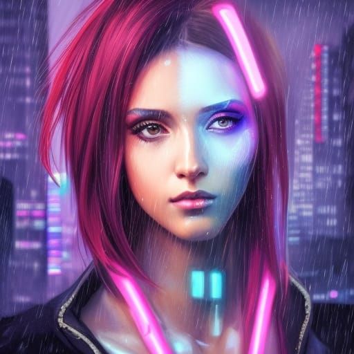 Cyberpunk Portrait in Neon Rain, 8K Concept Art