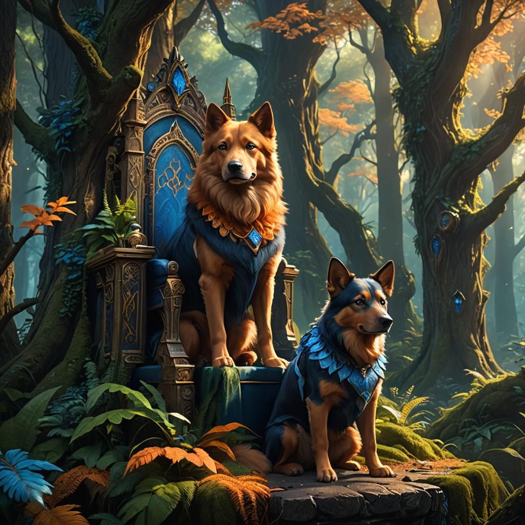 Human-Dog Hybrid on Throne in Mystical Forest