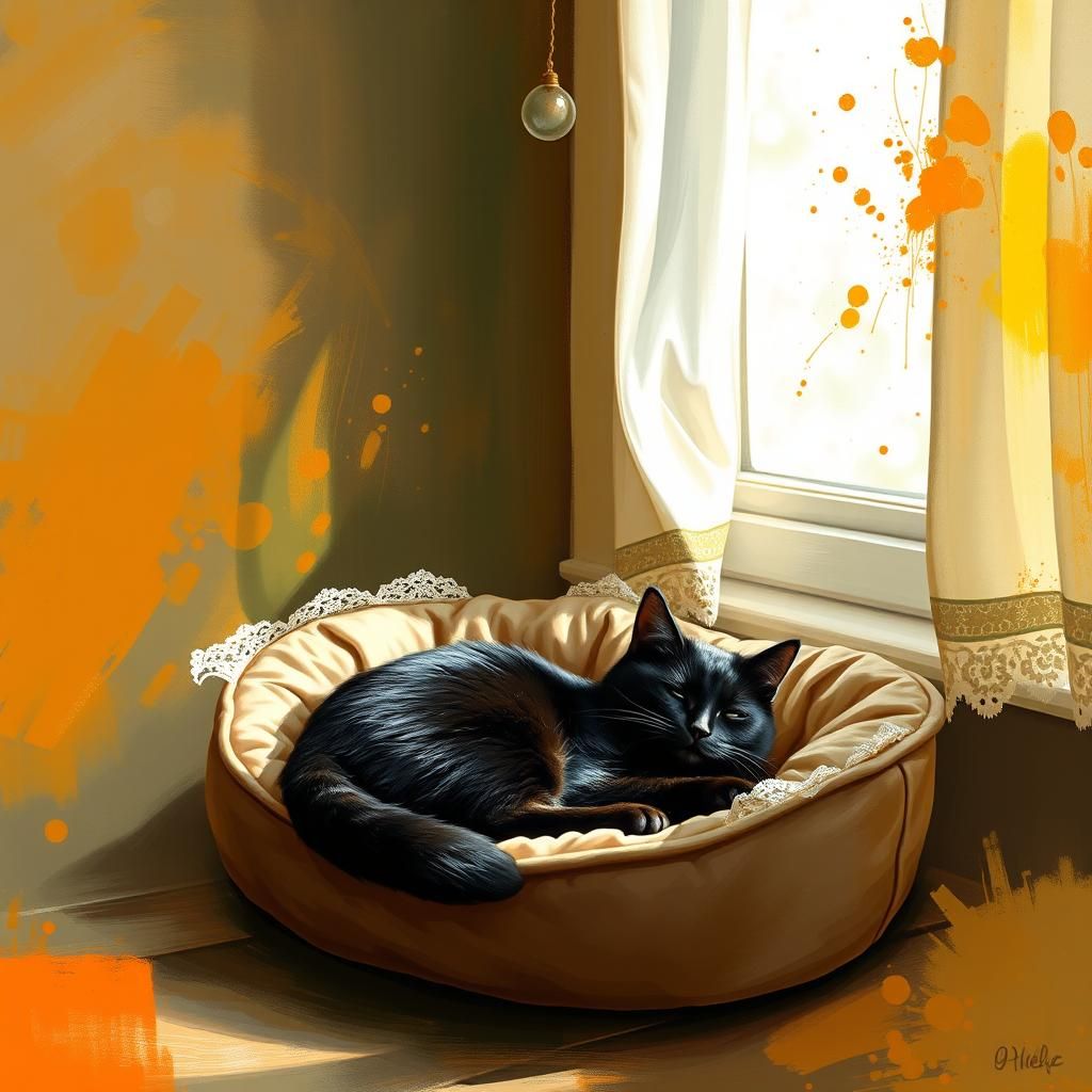 Black Cat Napping in Abstract Expressionist Light