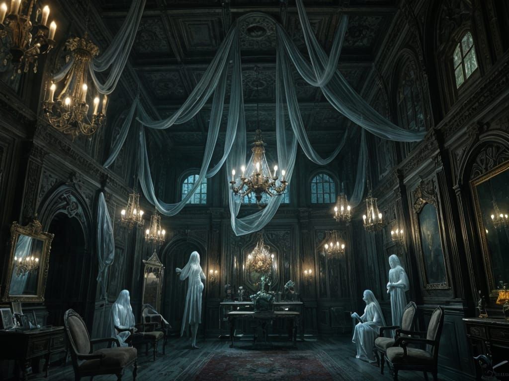Creepy Manor House with Spectral Figures