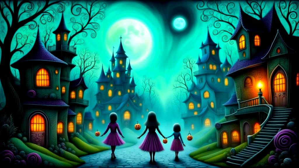 Ghostly Trick-or-Treaters in a Misty Halloween Town
