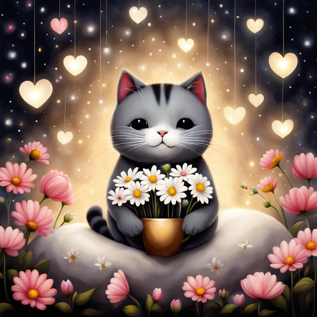 Cute Cat with Flowers in Pop Art Style
