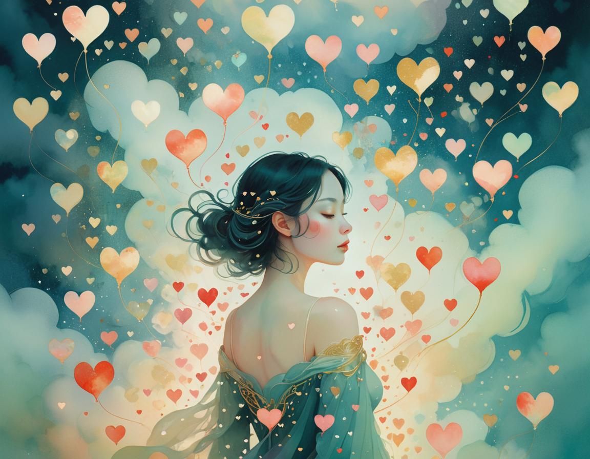 Dreamlike Surrealism: Person Surrounded by Floating Hearts