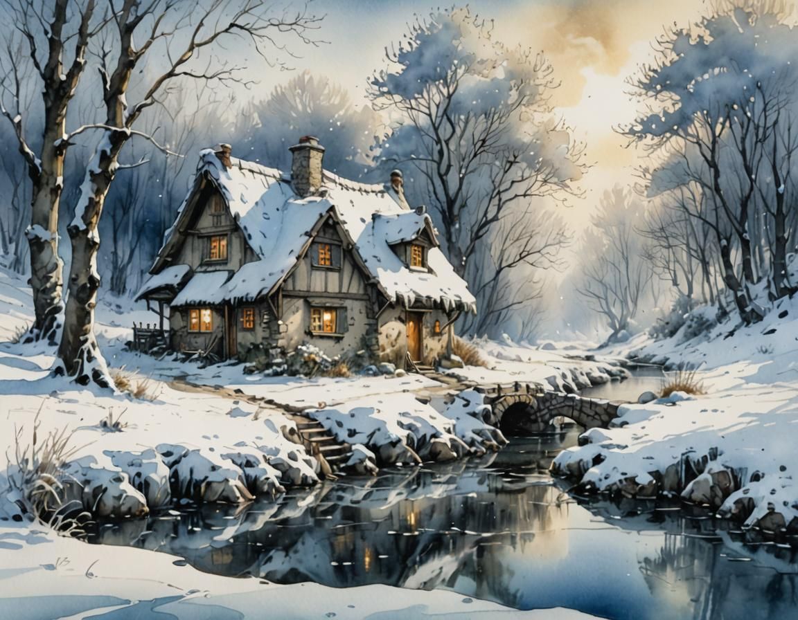 Snowy Cottage Landscape in Watercolor and Ink