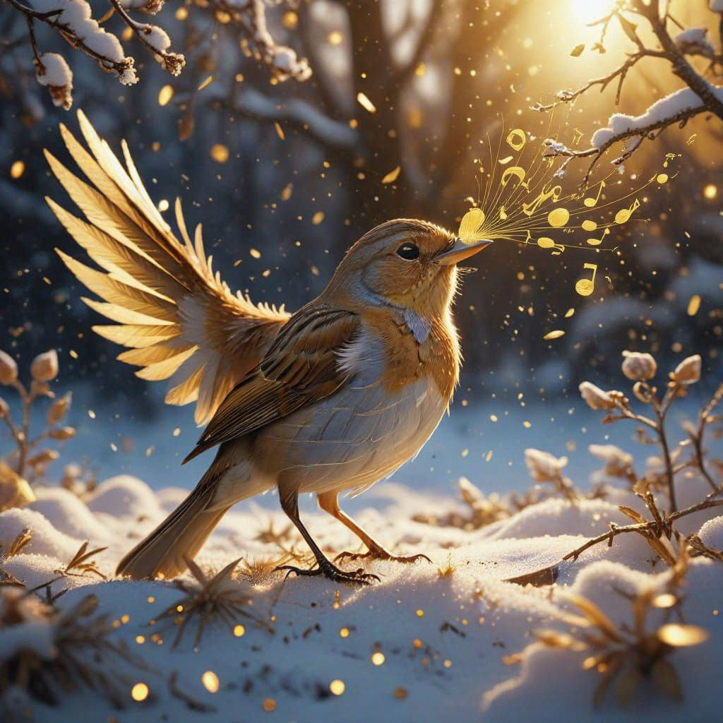 Golden Nightingale Sings Amidst Snowy Landscape