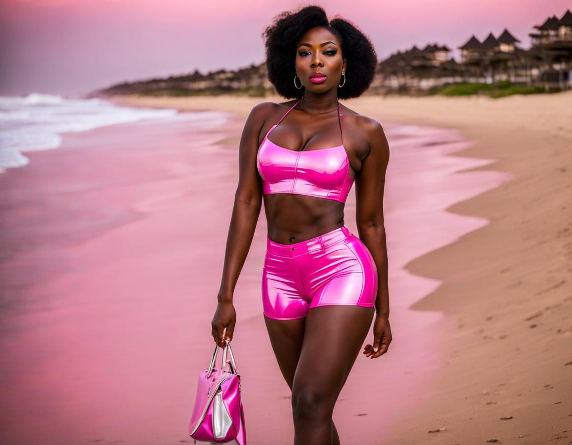 Nigerian Woman in Pink Latex Shorts on Beach