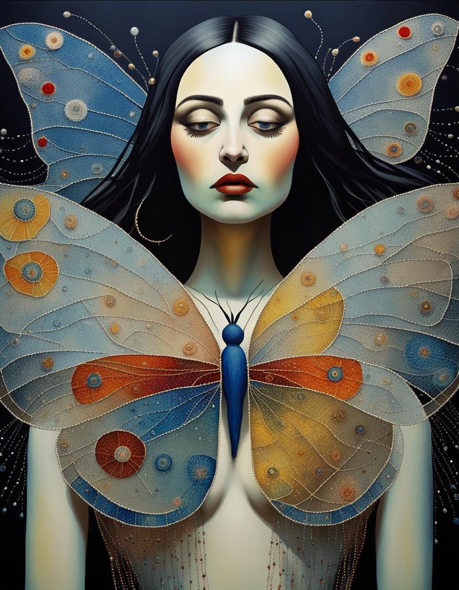 Beautiful woman, long dark hair,  detailed face, Beaded dressed in  beaded gossamer silk, butterfly wings on her back  i...
