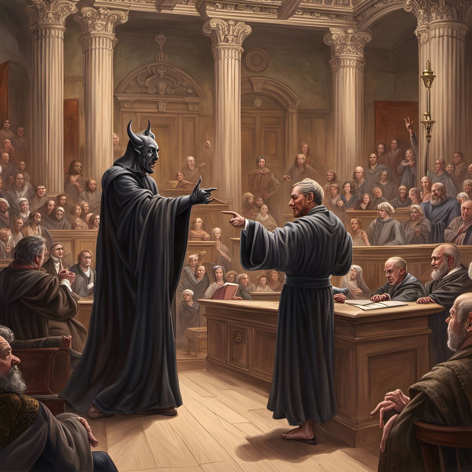 Satan Accuses a Human in Crowded Courtroom