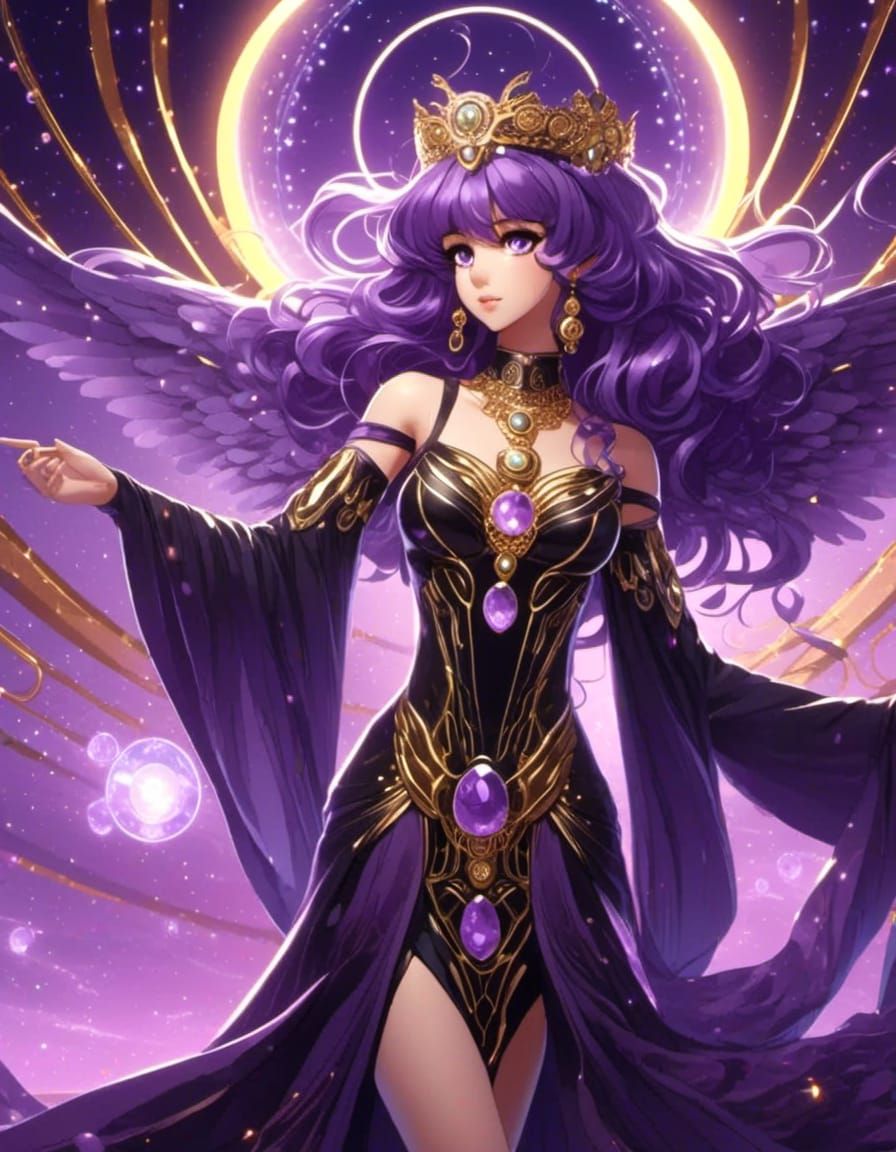 Anime Goddess, flowing Amethyst hair, Amethyst eyes, iridescent Amethyst angel wings, Amethyst, black with gold accented...