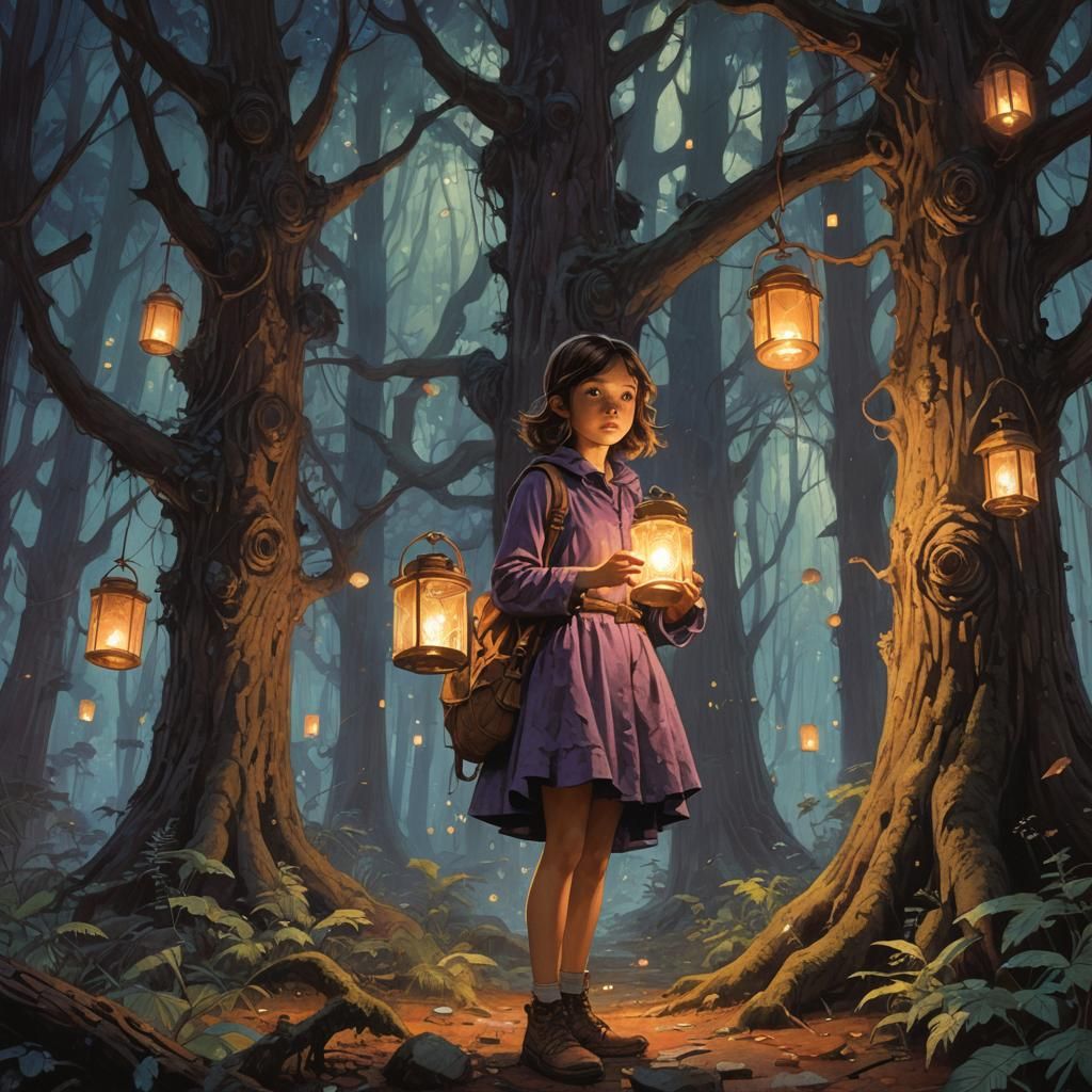 Girl in Mystical Forest with Glowing Lantern