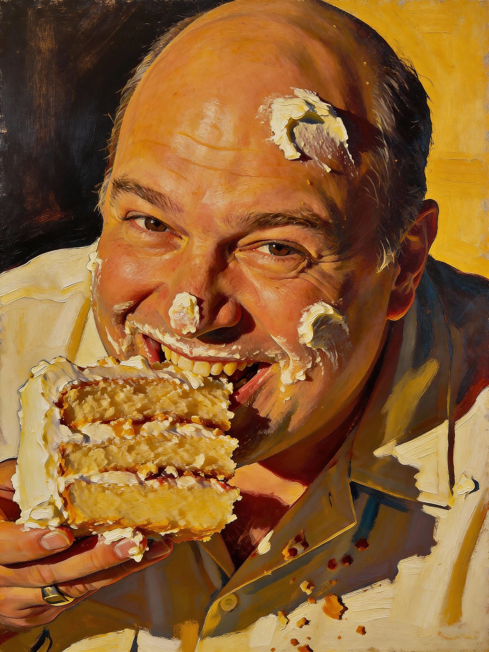 Man Devours Cake with Face Deep in Frosting